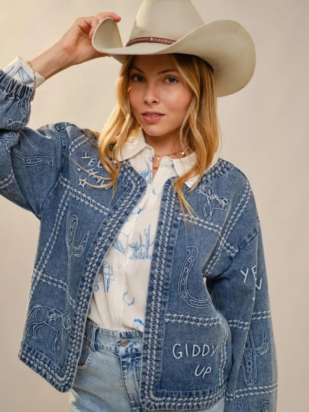 Western Embroidery Puff Sleeve Denim Jacket NEW